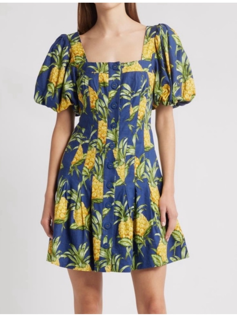 Farm Rio NWT Blue Pineapple Print Puff-Sleeve Mini Dress